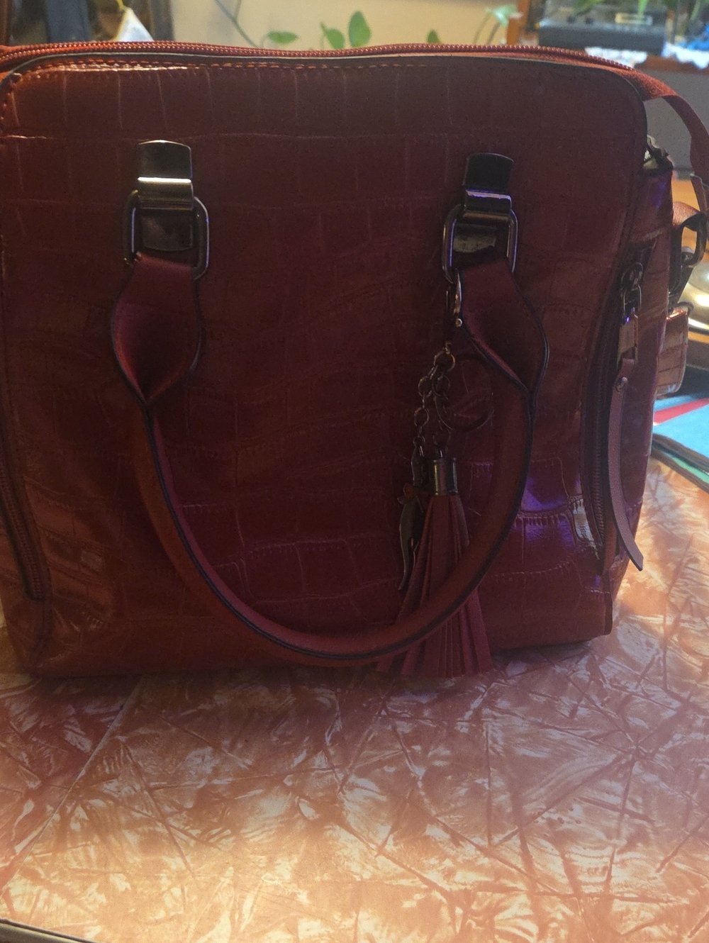 Source Unknown Wine Faux-Croc Satchel with Small Make Up Purse And Tassel Charm
